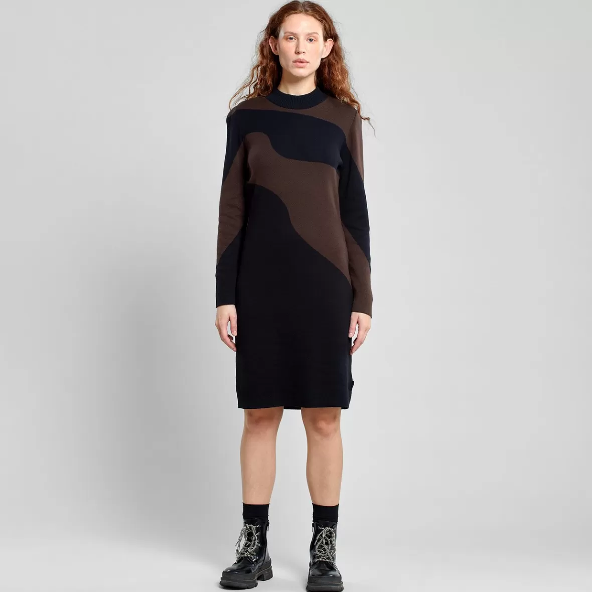 Knitwear | Dresses | DEDICATED Dress Lo Flowy Blocks Black/Coffee Brown