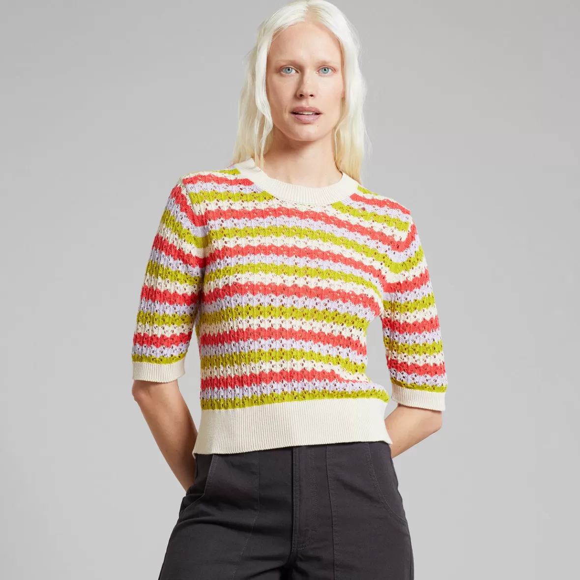 T-Shirts | Knitwear | DEDICATED Knitted T-shirt Flen Crochet Stripe Multi Color
