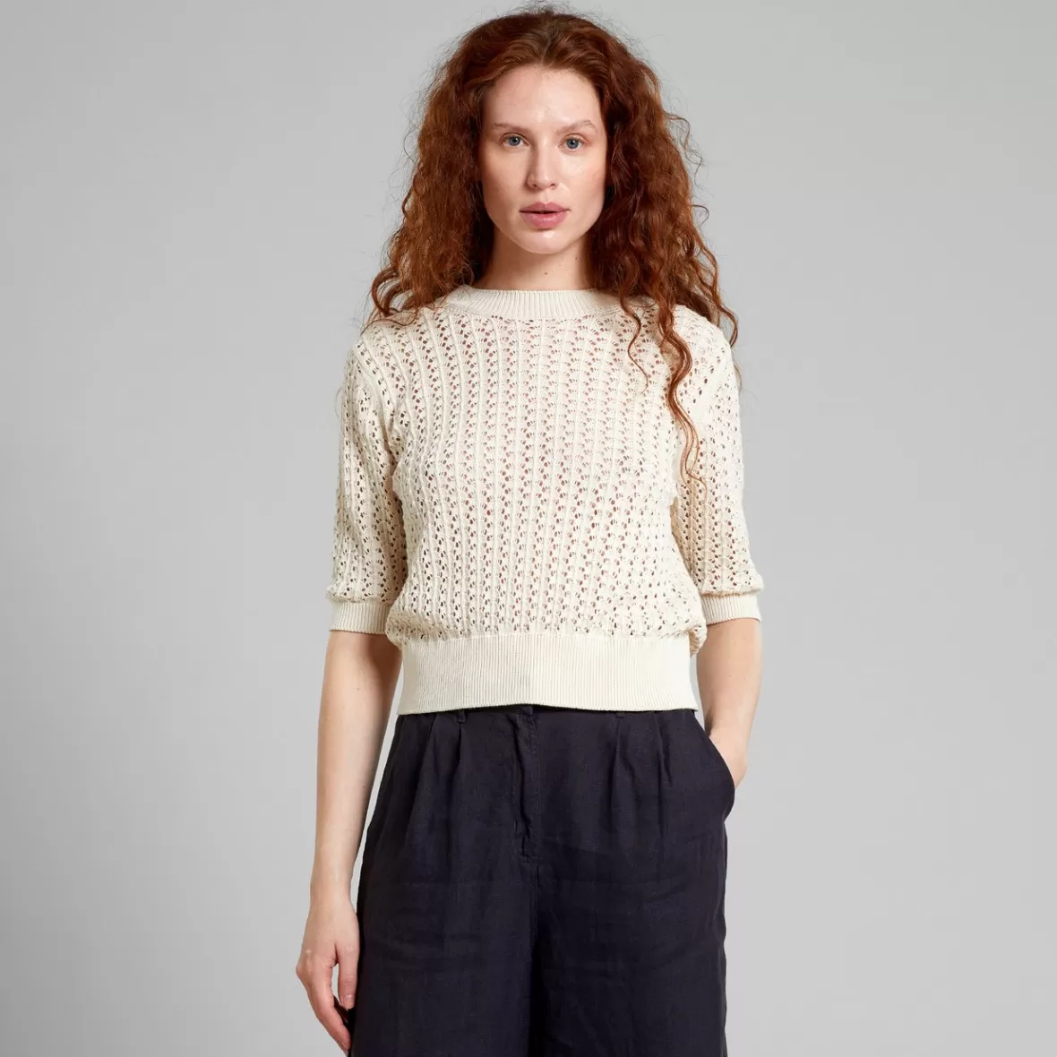 T-Shirts | Knitwear | DEDICATED Knitted T-shirt Flen Crochet Vanilla White